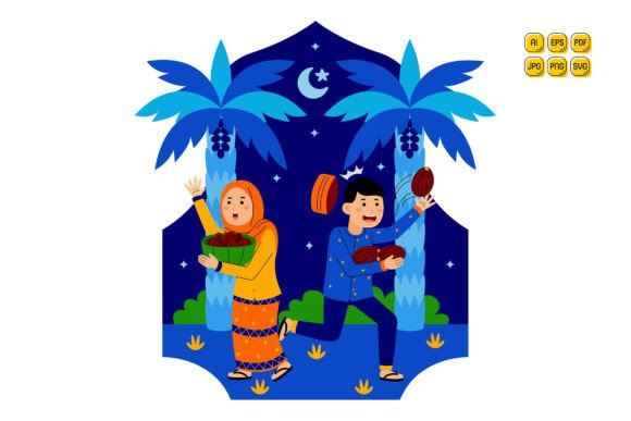 Couple Picking Dates Under Palm Trees Illustration
