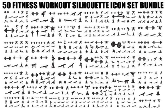 Fitness Workout Silhouette Icon Set – 50 Designs for Graphics and Crafts