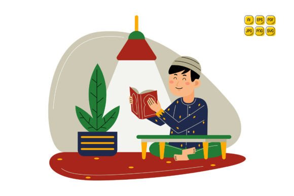 Man Reading Quran Under Lamp Graphics