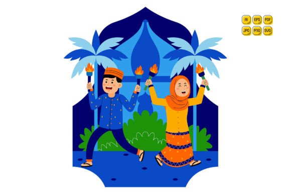 Muslim Couple Celebrating with Torches Graphics