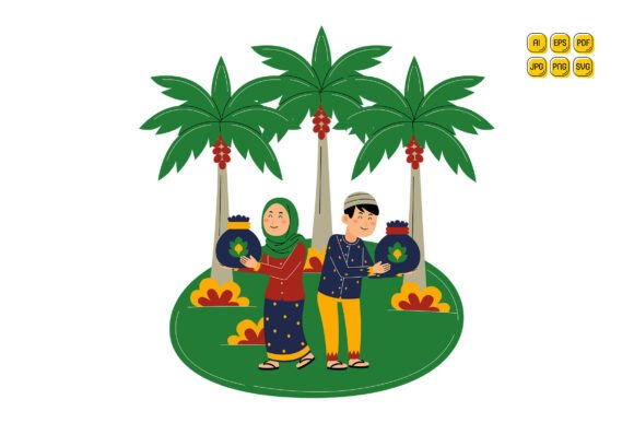 Muslim Couple Holding Charity Bags Graphics