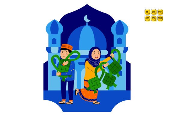 Muslim Couple Holding Ketupat Embroidery Design