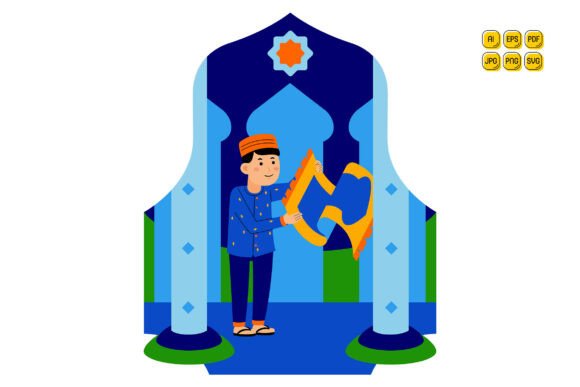 Muslim Man Unrolling Prayer Mat Graphics