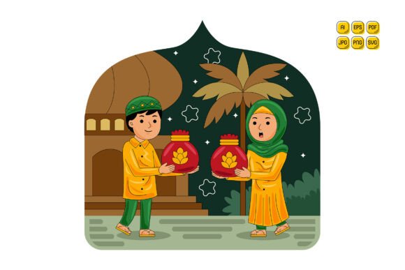 Muslim Man Woman Holding Ramadan Gift Graphics