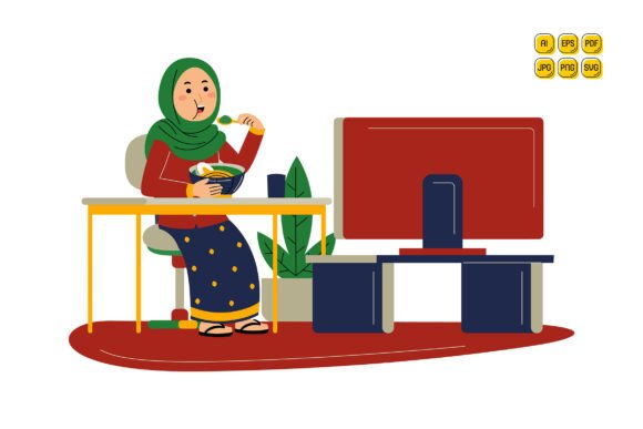 Woman Eating While Watching TV Vector Review