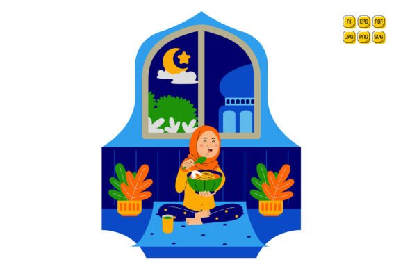 Woman Muslim Eating Noodles at Night Embroidery Design Review