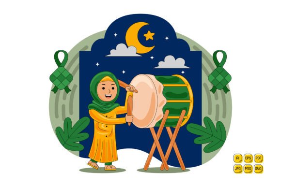 Woman Playing Drum Ramadan Illustration for Graphics