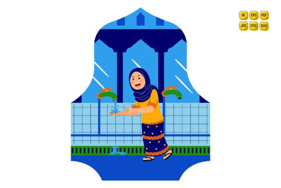Woman Washing Hands at Fountain Illustration for Digital Products